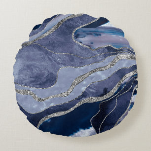 Blue Marble Agate Silver Glitter Glam #1 Rund Kudde