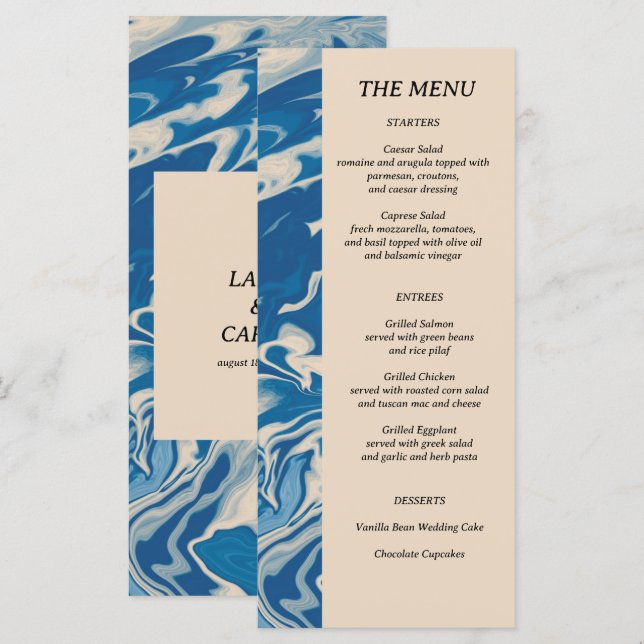 Blue Marble Modern Coastal Bröllop Meny (Fram/baksida)