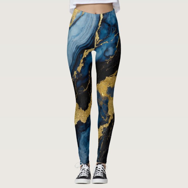 Blue Marble Mönster med Guld Leggings (Framsida)