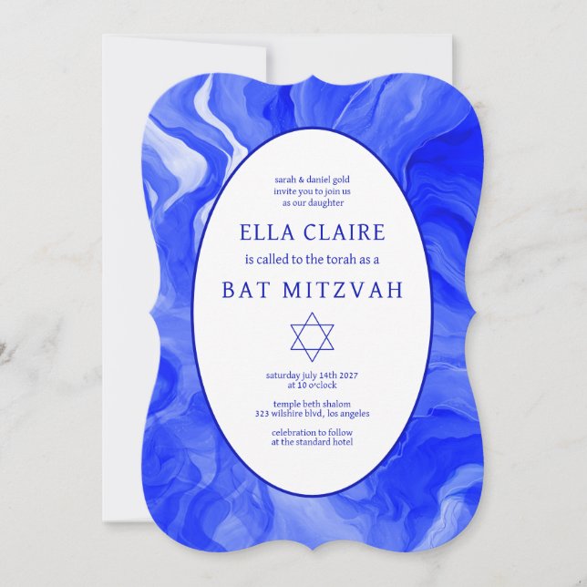 Blue Marble Swirls Star David Pub Bat mitzvah Inbjudningar (Framsida)