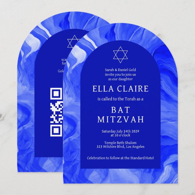 Blue Marble Swirls Star QR Pub Bat mitzvah Arch Inbjudningar (Fram/baksida)