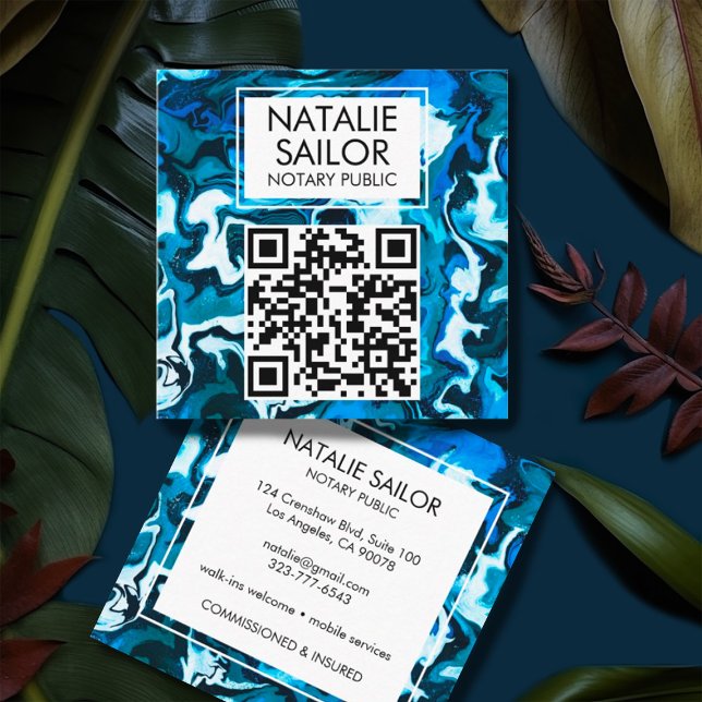 Blue Marble Unique QR CODE Modern Notarius Public Fyrkantigt Visitkort (Blue marble square business cards with customizable QR code)
