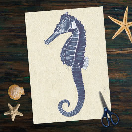 Blue Marine Life Seahorse on Beige Antique Papper