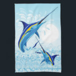 Blue Marlin Jumping out of Ocean Kökshandduk<br><div class="desc">Realistic illustration of a beautiful Marlin Fish Ocean Animal jumping out of ocean. Vector Art copyright BluedarkArt TheChameleonArt.</div>
