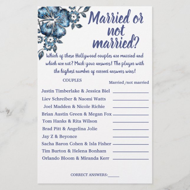 BLUE MARRIED ELLER EJ MARRIED SHOWER GAME CARD FLYGBLAD (Framsidan)