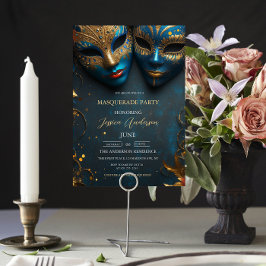Blue Mask MasqueraParty Birthday Inbjudningar