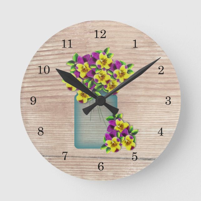 Blue Mason Burk Pansies Wall Clock Rund Klocka (Framsida)