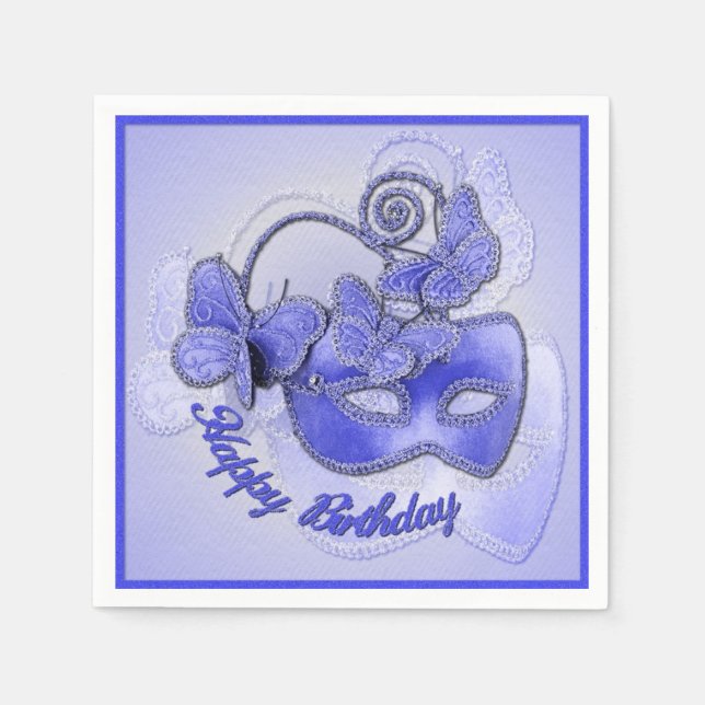 Blue Masqueramask Birthday Napkins Pappersservett (Framsidan)
