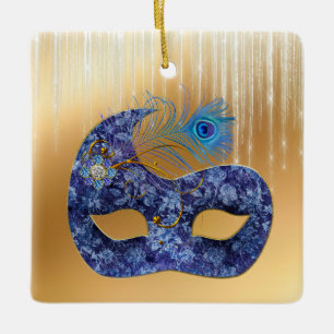 Blue Masqueramask och Peacock Feather på Guld Julgransprydnad Keramik