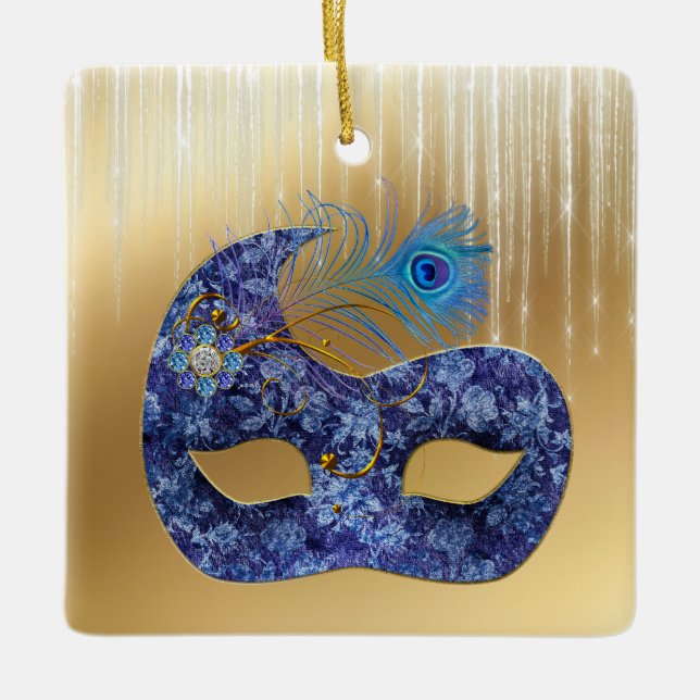 Blue Masqueramask och Peacock Feather på Guld Julgransprydnad Keramik (Framsida)