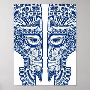 Blue Mayan Twillingars Mask Illusion on White Poster