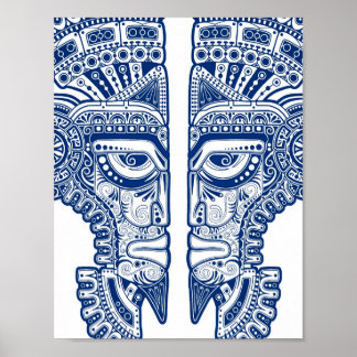 Blue Mayan Twillingars Mask Illusion on White Poster