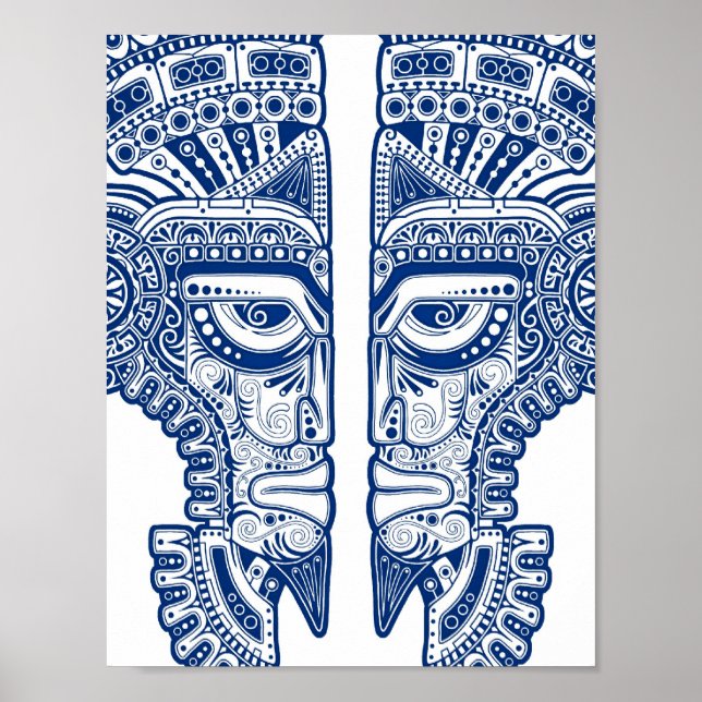 Blue Mayan Twillingars Mask Illusion on White Poster (Framsidan)