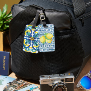 Blue Mediterranean TIle Gult Watercolor Lemon Bagagebricka