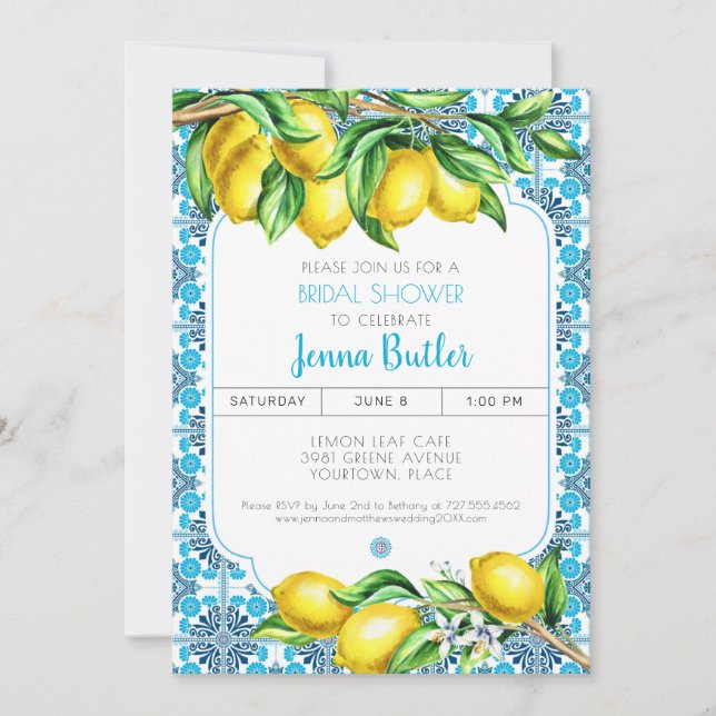 Blue Mediterranean Tile Lemon Bridal Shower Inbjudningar (Framsida)