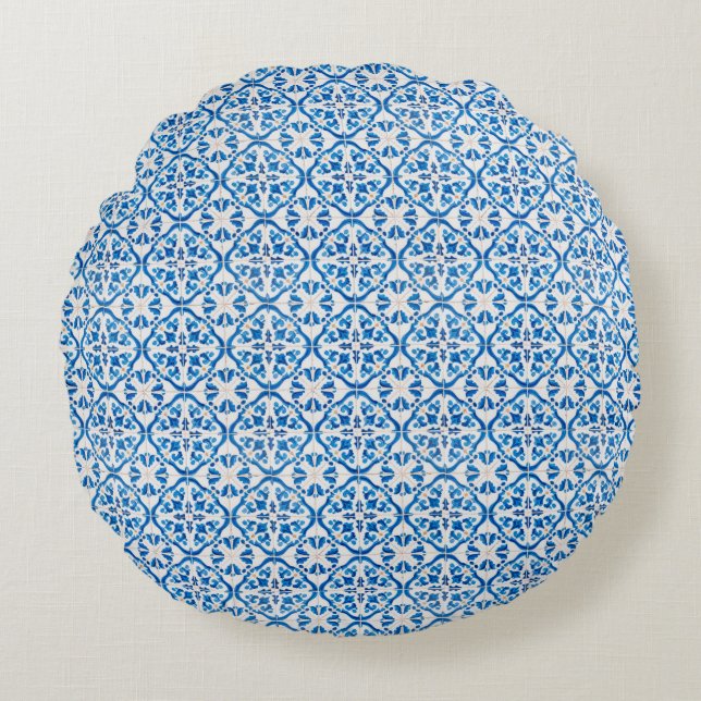 Blue Mediterranean Tile Mönster - Elegant Azulejo Rund Kudde (Framsidan)