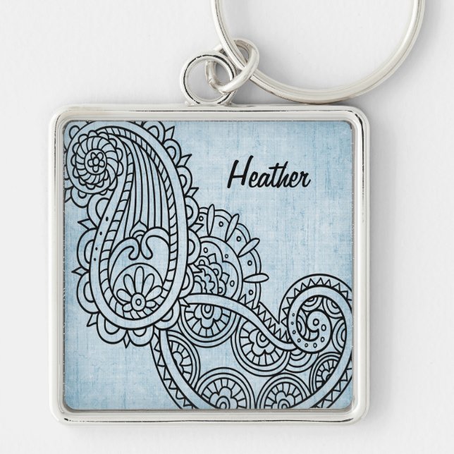 Blue Mehndi Motif Keychain Fyrkantig Silverfärgad Nyckelring (Framsidan)