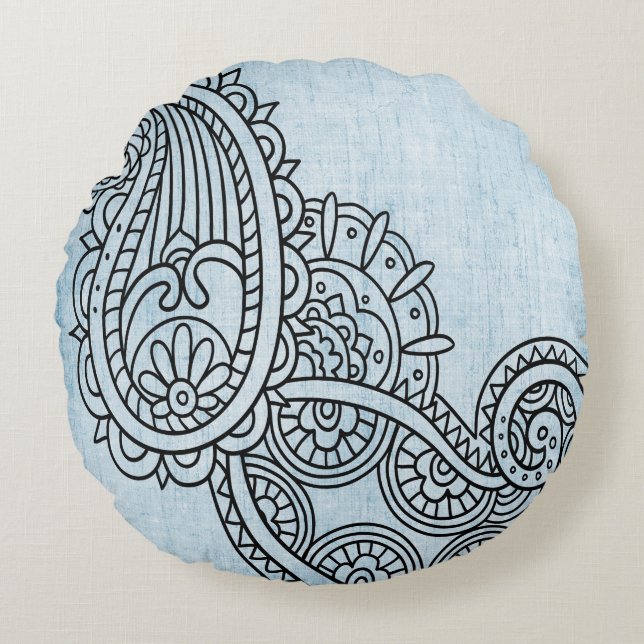 Blue Mehndi Motif Round Pillow Rund Kudde (Framsidan)