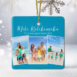 Blue Mele Kalikimaka Beach Resa Photo jul Julgransprydnad Keramik<br><div class="desc">Chic anpassade strandfamiljs fotokollage julprydnad med ditt favorittropiska foto i sol. Lägg till 3 fotografier av ditt favoritsaldo resa från din ö-semester till kusten. En vacker prydnadsgåva vid kusten med söt blått skript ovanför de tre bilderna.</div>