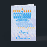 Blue Menorah Chanukah-kort Helgkort<br><div class="desc">Blå menorah med orange flammor,  med modig reflektion. Chanukah-design. Anpassningsbar Chanukah-hälsningskort - anpassa ditt eget hälsning inuti.</div>