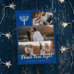 Blue Menorah Peace Kärlek Light Photo Collage Guld<br><div class="desc">Guldfolie glad helg kort med en hanukkah-menorah,  en fotokollage av fyra foton,  fredsljus kärlek i guld-folie och din familj namn i guld-folie också.</div>