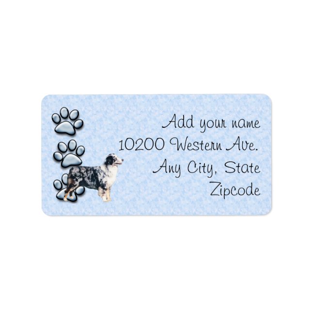 Blue Merle Aussie och 3 blå tassavtryck Adressetikett (Framsidan)