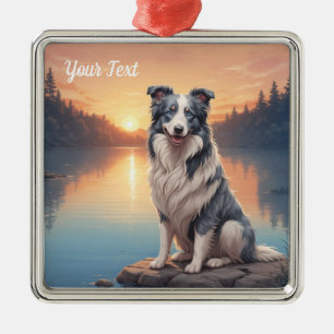 Blue Merle Border Collie vid sjö Julgransprydnad Metall