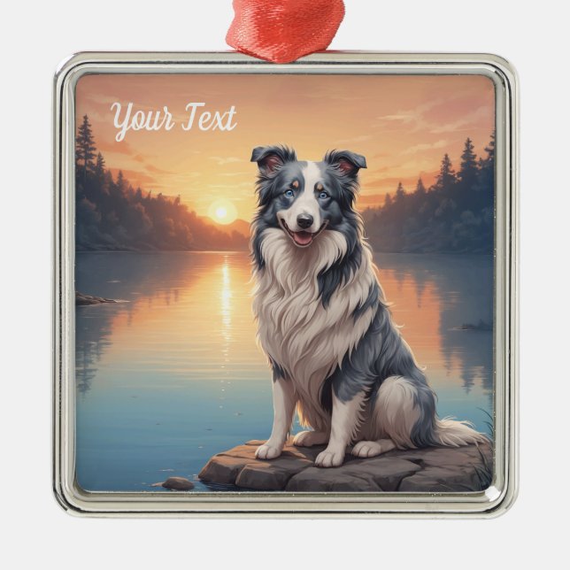 Blue Merle Border Collie vid sjö Julgransprydnad Metall (Framsidan)