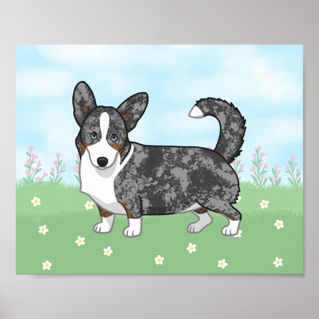Blue Merle Cardigan Welsh Corgi Flowers Poster (Framsidan)