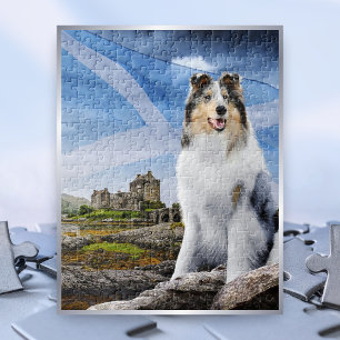 Blue Merle Collie, Eilean Donan & Scotland Flagga Pussel