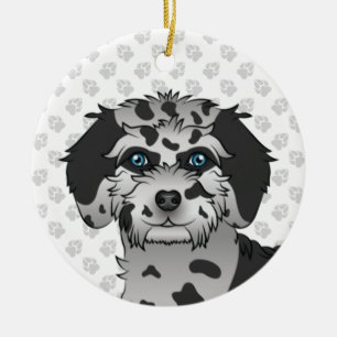 Blue Merle Mini Goldendoodle Tecknad hund Head Julgransprydnad Keramik