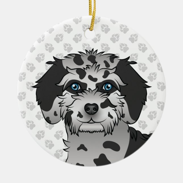Blue Merle Mini Goldendoodle Tecknad hund Head Julgransprydnad Keramik (Framsidan)