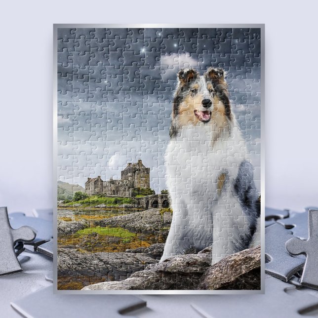 Blue Merle Rough Collie vid Eilean Donan Castle - Pussel (Skapare uppladdad)