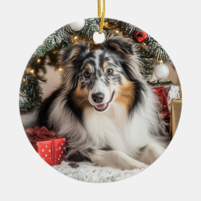 Blue Merle Sheltie jul Julgransprydnad Keramik (Framsidan)