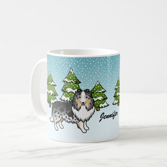 Blue Merle Sheltie Tecknad hund i Winter & Namn Kaffemugg (Framsida vänster)