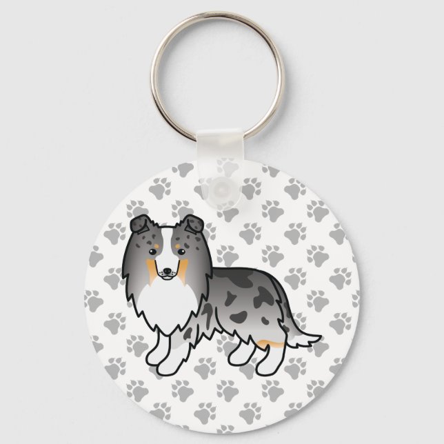 Blue Merle Shetland Sheepdog Cartoon Dog & Paws Nyckelring (Framsida)
