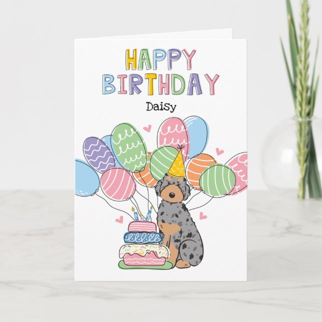 Blue Merle Tan Aussiedoodle Hund Grattis på födels Kort (Framsida)