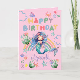 Blue Mermaid Birthday Card in Pink Kort
