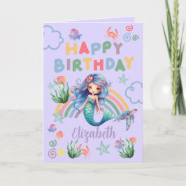 Blue Mermaid Birthday Card in Purple Kort