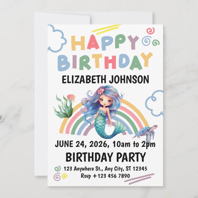 Blue Mermaid Birthday Invitation in White Inbjudningar (Framsida)
