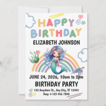 Blue Mermaid Birthday Party Invitation in White