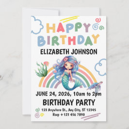Blue Mermaid Birthday Party Invitation in White Inbjudningar