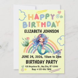 Blue Mermaid Birthday Party Invitation in Yellow Inbjudningar