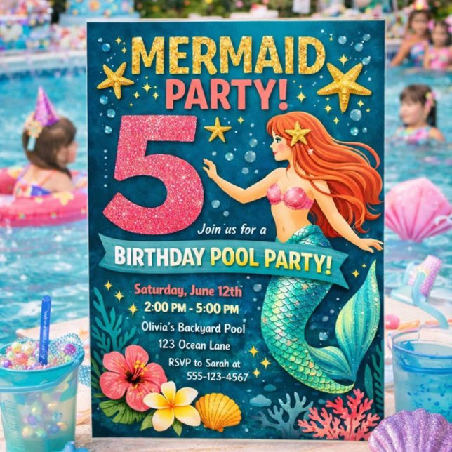 Blue Mermaid Fifth Birthday Invitation Inbjudningar (Skapare uppladdad)