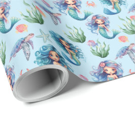 Blue Mermaids Gift Wrapping Paper in Blue Presentpapper