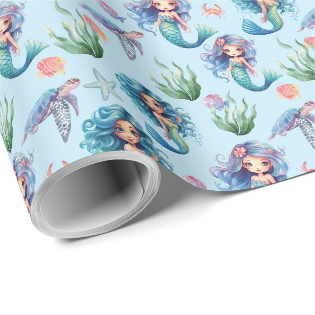 Blue Mermaids Gift Wrapping Paper in Blue Presentpapper (Rullad Hörn)