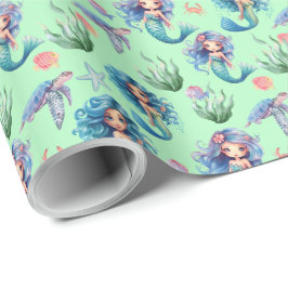 Blue Mermaids Gift Wrapping Paper in Green Presentpapper