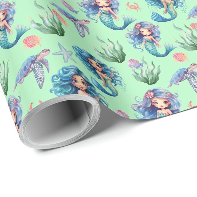 Blue Mermaids Gift Wrapping Paper in Green Presentpapper (Rullad Hörn)