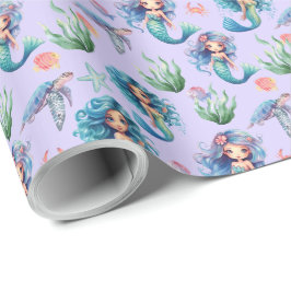 Blue Mermaids Gift Wrapping Paper in Purple Presentpapper