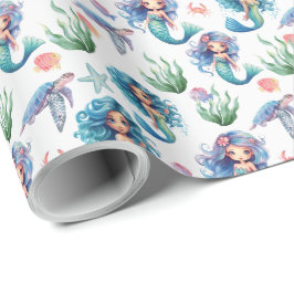 Blue Mermaids Gift Wrapping Paper in White Presentpapper